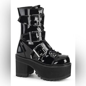 EUC Demonia Ranger 308, black patent mid-calf boot, buckle/strap detail, size 10